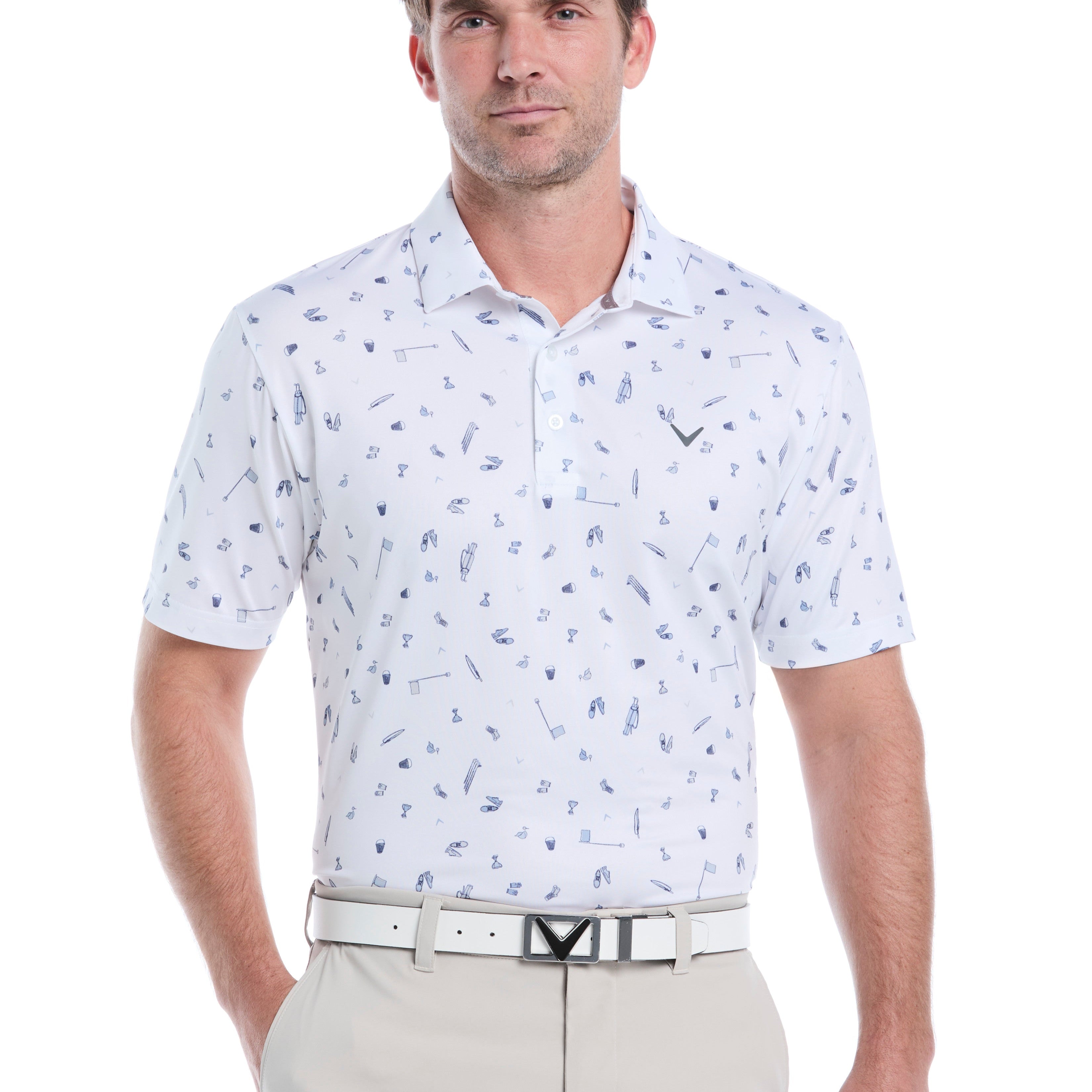 Mens Short Sleeve All Over Tee Time Print Polo (Bright White)