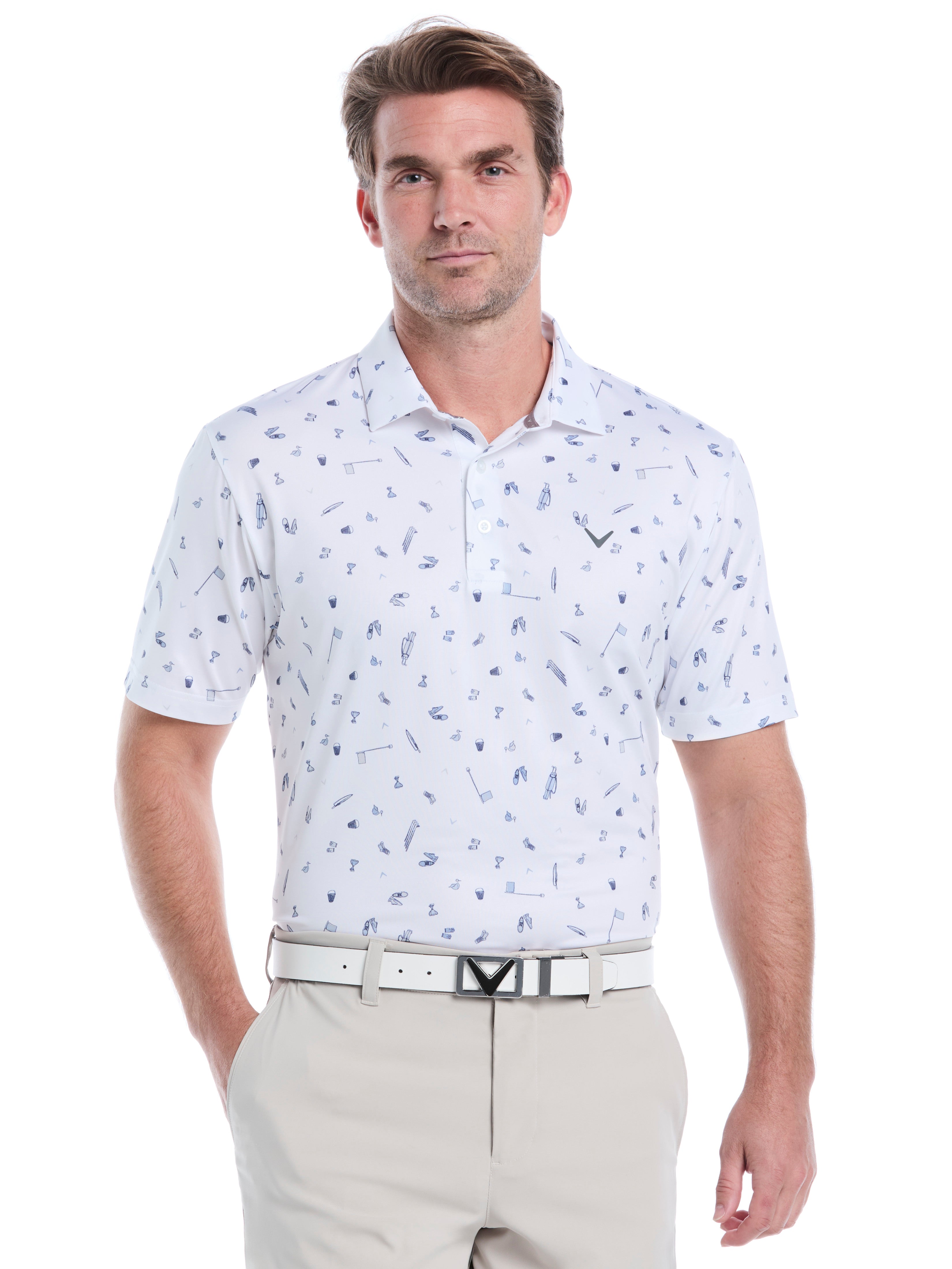Mens Short Sleeve All Over Tee Time Print Polo (Bright White)